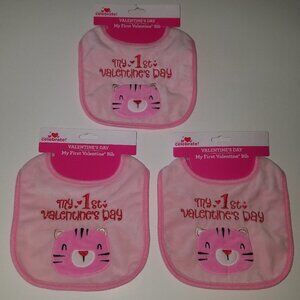 3 NEW My 1st Valentine's Day Pink Bibs Lot Baby Girl Kitty Holiday Gift
